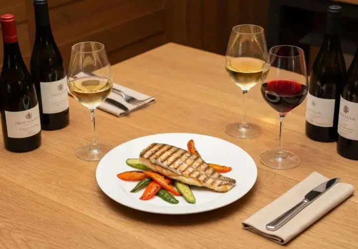 Un plat de bar grillé avec des légumes, accompagné d'un verre de vin rouge. Quel vin rouge avec du bar ? Ce plat invite à la dégustation.