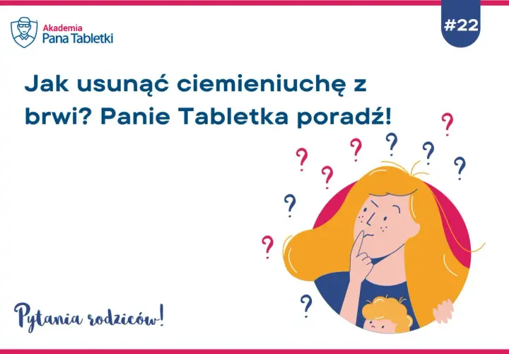 Jak usunąć ciemieniuchę z brwi? Ilustracja przedstawia zamyśloną osobę otoczoną znakami zapytania, szukającą odpowiedzi.
