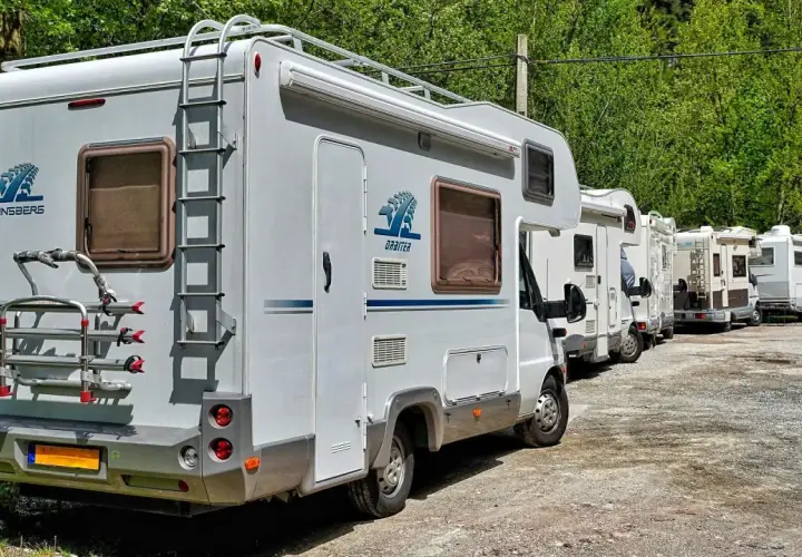 Une file de camping-cars, dont un camping car 10 mètres, stationnés sur un chemin de gravier, entourés de verdure.