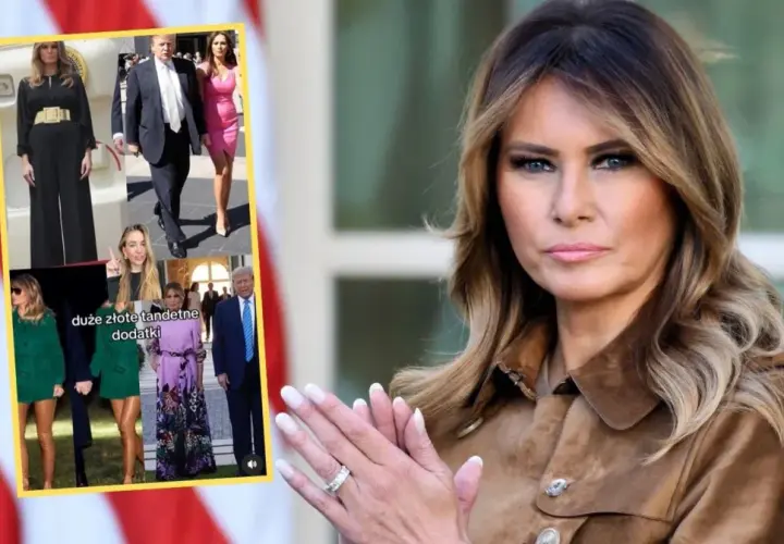 Melania Trump w różnych stylizacjach, od eleganckich po bardziej odważne. Widać ją młodszą na zdjęciach w kolażu.