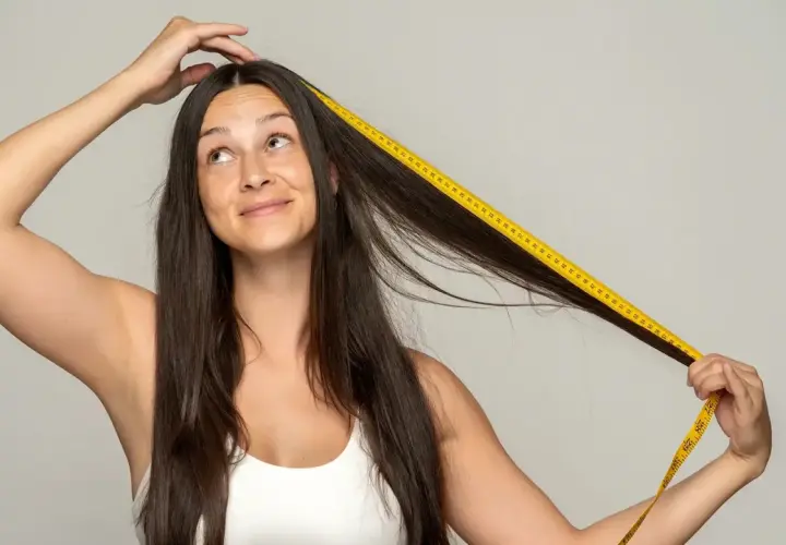 Mujer se mide el pelo con cinta métrica amarilla, preguntándose cuánto tarda el pelo en crecer.