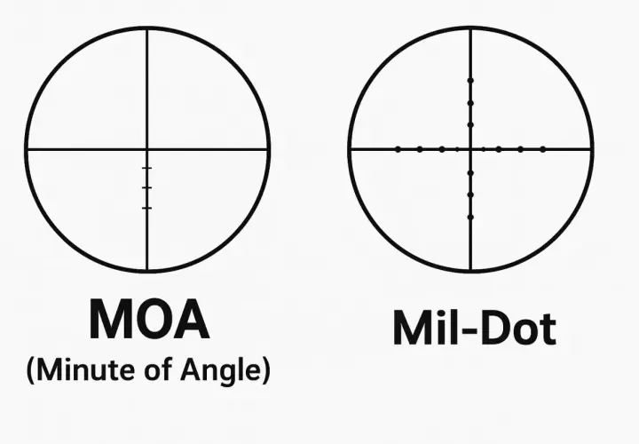 Dwa celowniki: jeden z kreskami (MOA), drugi z kropkami (mil dot).