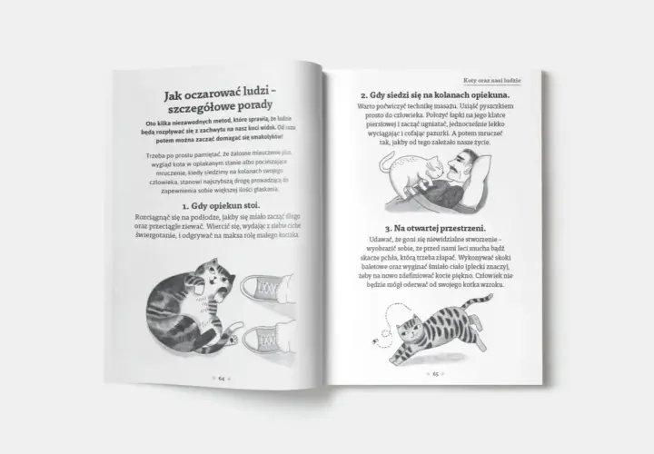 Ilustracje kotów: jeden leży obok butów, drugi masuje człowieka, trzeci goni muchę.