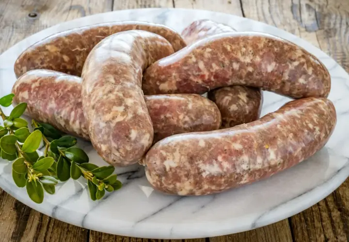 Surowa biała kiełbasa na marmurowej desce, gotowa do przyrządzenia. Dowiedz się, ile gotować białą kiełbasę surową.