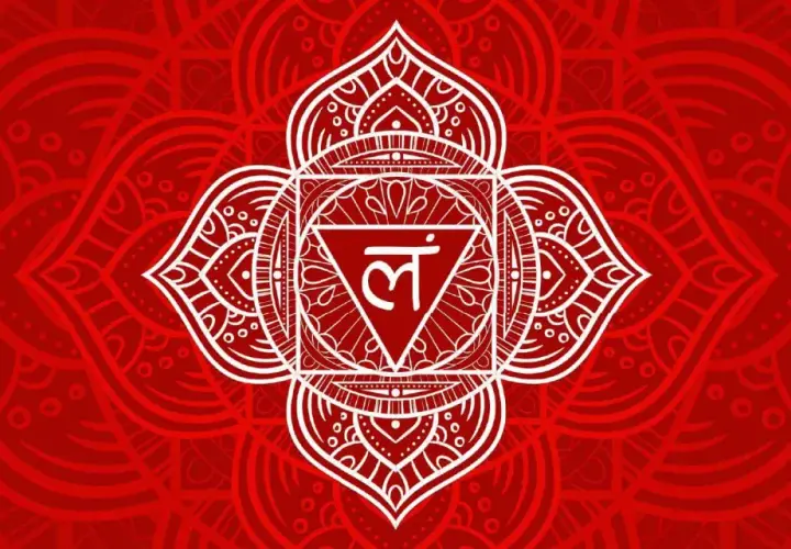 Rotes Mandala mit weißem Symbol. Die Farbe Rot hat eine tiefe spirituelle Bedeutung, sie steht für Kraft und Erdung.