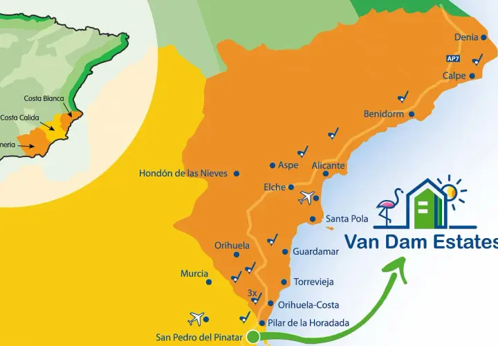 Karte zeigt, wo ist die Costa Blanca: von Denia bis Pilar de la Horadada, mit Orten wie Alicante, Benidorm, Torrevieja.