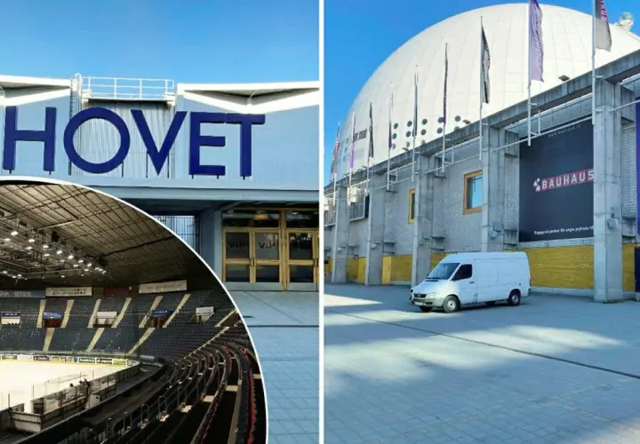 Hovet Stockholm, en ishockeyarena med läktare och isbana, samt en fasad med Bauhaus-reklam.