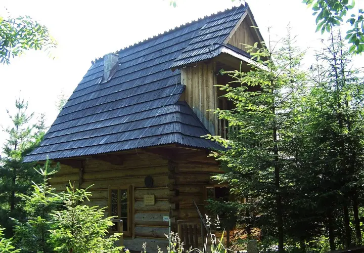 Drewniana pustelnia Brata Alberta, otoczona zielenią, z charakterystycznym gontowym dachem i kamiennym kominem.