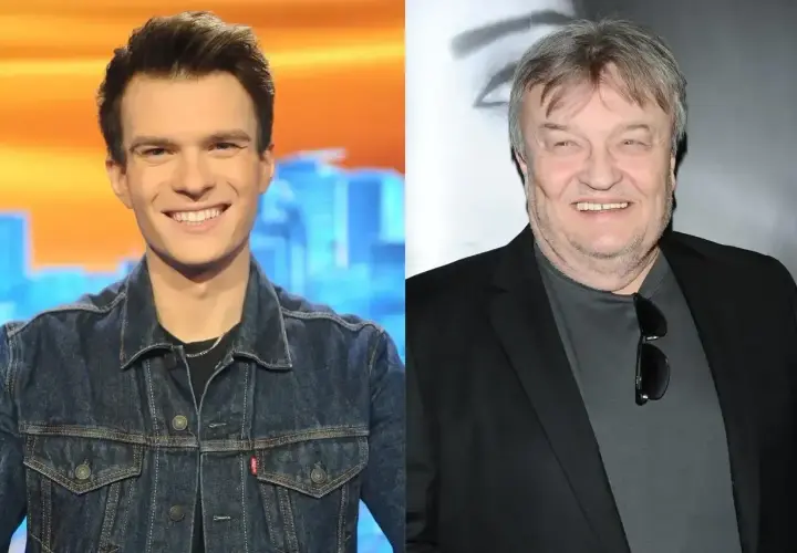 Dwóch mężczyzn, jeden młody w dżinsowej kurtce, drugi starszy w marynarce. Czy to porównanie pokoleń, czy może Kris Cugowski w młodszej wersji?