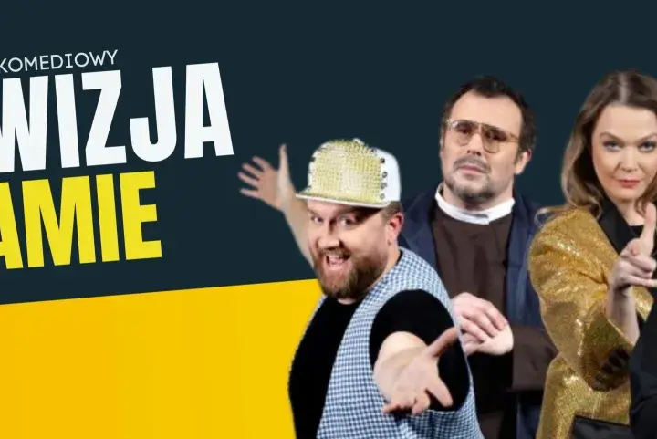Telewizja kłamie" spektakl komediowy. Cztery postacie w stylizacjach: raper, mężczyzna w okularach, kobieta w złotej kurtce i ksiądz.