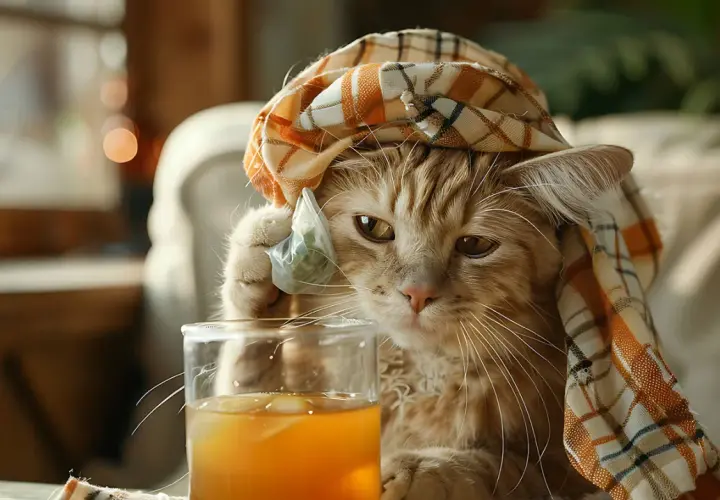 Kater-Katze mit Schal und Teebeutel im Glas. Was hilft gegen Kater? Vielleicht dieser Tee!