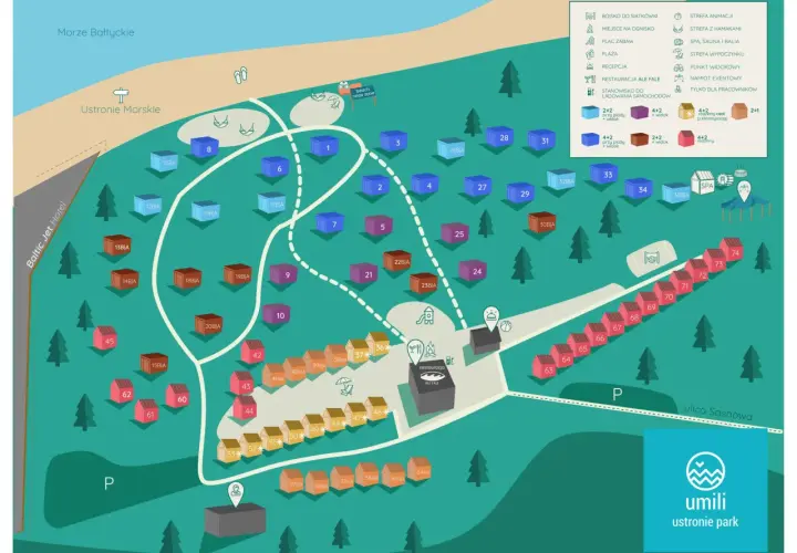 Mapa ośrodka Ustronie Park z domkami, plażą, SPA i restauracją.
