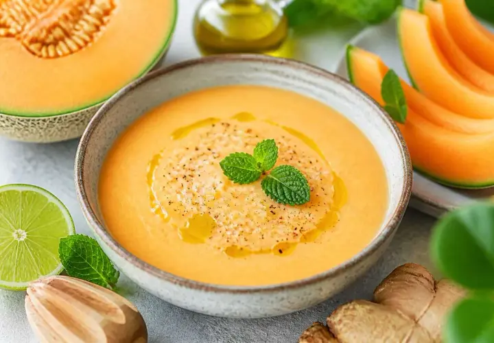 Délicieuse soupe de melon rafraîchissante, garnie de menthe fraîche et d'un filet d'huile d'olive. Des tranches de melon, du gingembre et une moitié de citron vert complètent cette scène estivale.