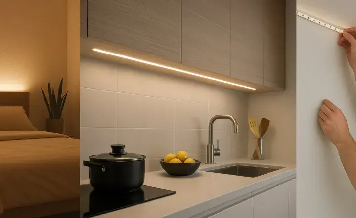Ambiente acogedor en dormitorio y cocina con iluminación led. Un hombre instala una tira led en el techo.