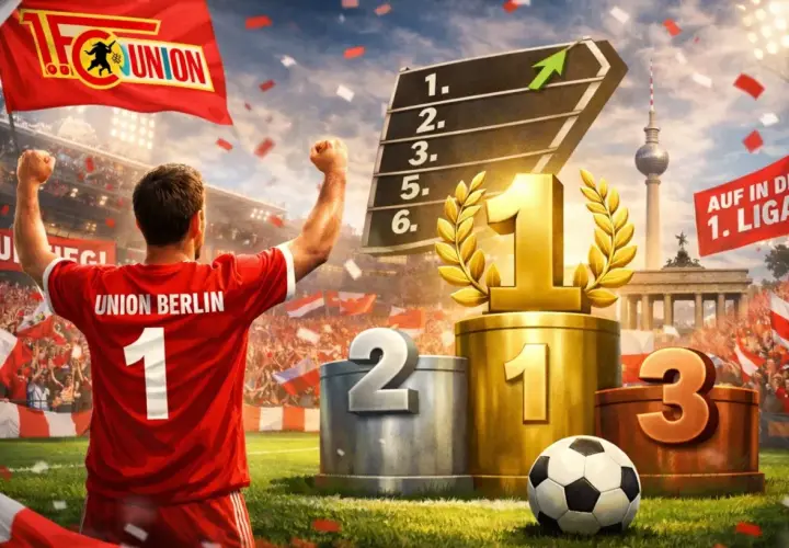 Piłkarz Union Berlin świętuje sukces. Na podium pierwsze miejsce, w tle berlińska wieża i trybuny pełne kibiców.