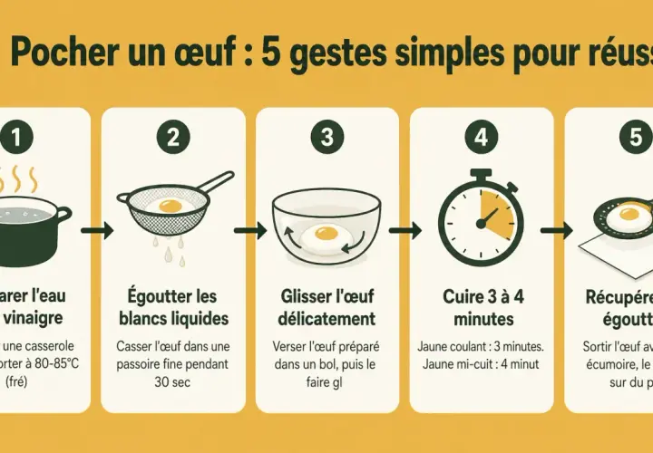 Étapes pour pocher un œuf : eau frémissante, égouttage des blancs, glisser délicatement l'œuf, cuisson 3-4 min, puis égoutter.