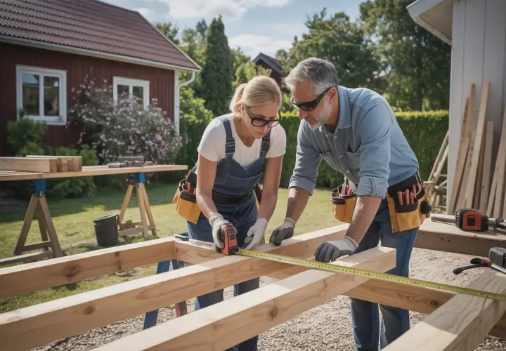 Par som samarbetar för att bygga friggebod. De mäter trä för projektet utomhus.
