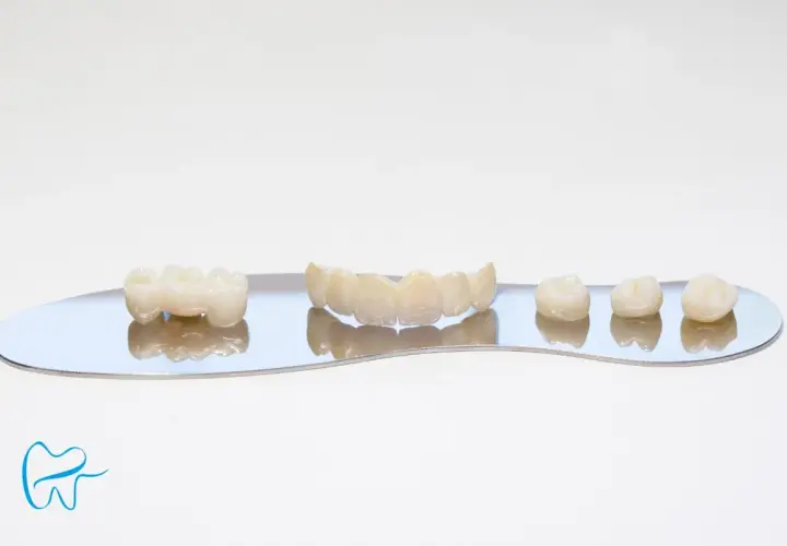 Zęby ceramiczne, w tym mostek i pojedyncze korony, prezentowane na lustrzanej powierzchni. Wykonane z materiałów takich jak korona cyrkonowa, zapewniają estetykę i trwałość.