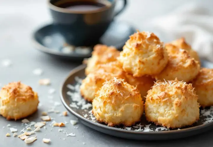 Une assiette de rochers coco dorés, parsemés de copeaux de noix de coco, avec une tasse de café en arrière-plan.
