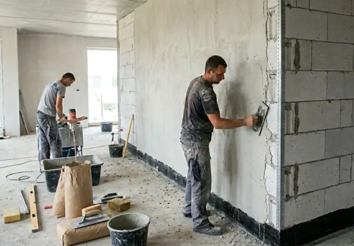 Pracownicy nakładają tynk na ścianę z bloczków. W tle widać mieszadło do zaprawy i worki z materiałem.