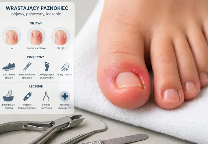 Duży palec u stopy z widocznym stanem zapalnym wokół paznokcia, wskazującym na wrastający paznokiec u stopy duzy palec. Obok infografika o objawach, przyczynach i leczeniu.