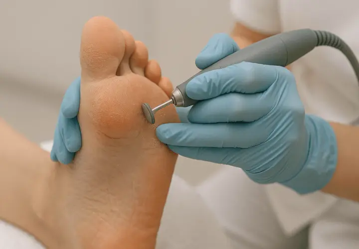 Profesjonalny pedicure: jak usunąć martwy naskórek na stopach za pomocą frezarki. Skóra stóp jest wygładzona i zadbana.