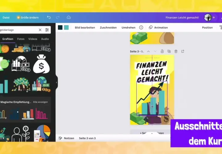 Canva-Design mit Finanz-Grafiken. Suche nach "geldanlage" für Inspiration, um "Finanzen leicht gemacht!" zu gestalten.
