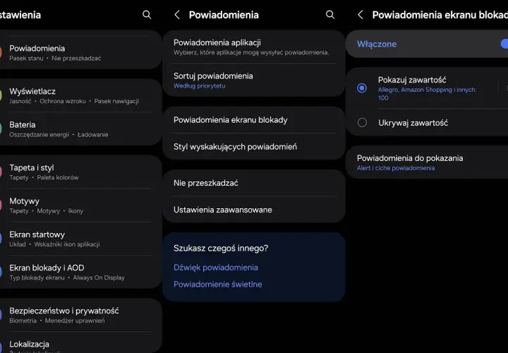 Ustawienia telefonu, sekcja powiadomienia. Widzimy opcje jak wyłączyć powiadomienia, sortowanie, powiadomienia na ekranie blokady.