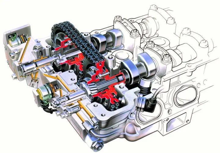 Przekrój silnika z widocznymi wałkami rozrządu, łańcuchem i mechanizmem zmienne fazy rozrządu.