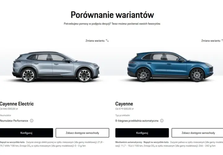 Porównanie Porsche Cayenne Electric i Cayenne. Elektryczny wariant ma szary lakier, spalinowy niebieski.