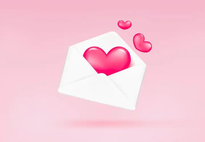 Un cuore rosa brillante esce da una busta bianca, come un messaggio speciale per il mio san valentino in inglese.