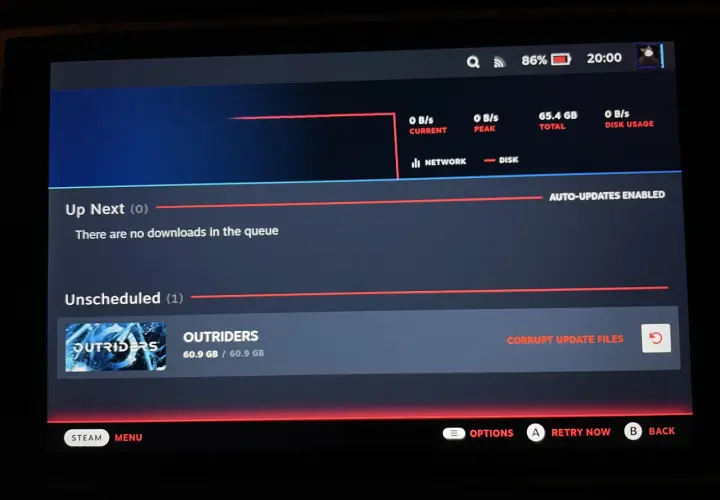 Steam: gra Outriders ma uszkodzone pliki aktualizacji. Brak pobrań w kolejce, ale jedna gra czeka na ponowną próbę.