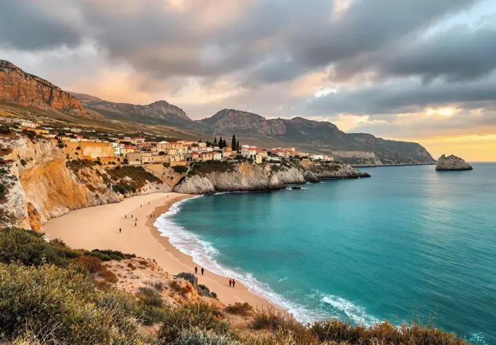 Traumhafte Bucht mit Sandstrand, türkisfarbenem Meer und einer kleinen Stadt an der Küste. Das Wetter auf Sardinien im Oktober ist hier ideal für einen Spaziergang.