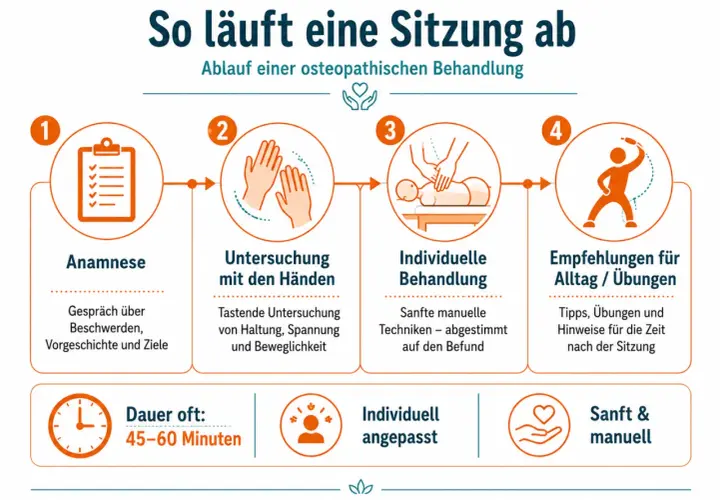 Beim ersten Mal: Anamnese, Untersuchung mit Händen, individuelle Behandlung & Empfehlungen. Osteopathie ist sanft & manuell.