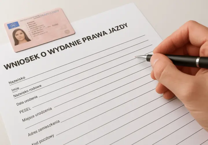 Dłoń z długopisem wypełnia wniosek o wydanie prawa jazdy. Obok leży nowe prawo jazdy.