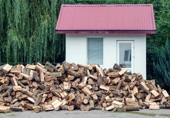 Duża sterta drewna opałowego przed białym budynkiem z czerwoną dachem. Widać, że odległość budynku od lasu jest niewielka, gdyż za nim rosną drzewa.