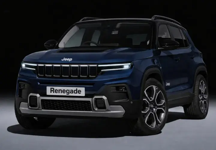 Nuova Jeep Renegade 2026 blu scuro, con fari a LED affilati e griglia iconica. Un'anteprima del futuro dell'avventura.