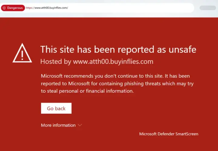 Alerte Microsoft Defender SmartScreen : ce site est dangereux et signalé comme non sûr, potentiellement pour du phishing.