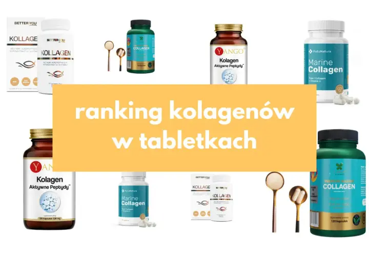 Zdjęcie przedstawia różne opakowania kolagenu w tabletkach i kapsułkach, a także łyżeczki z proszkiem.