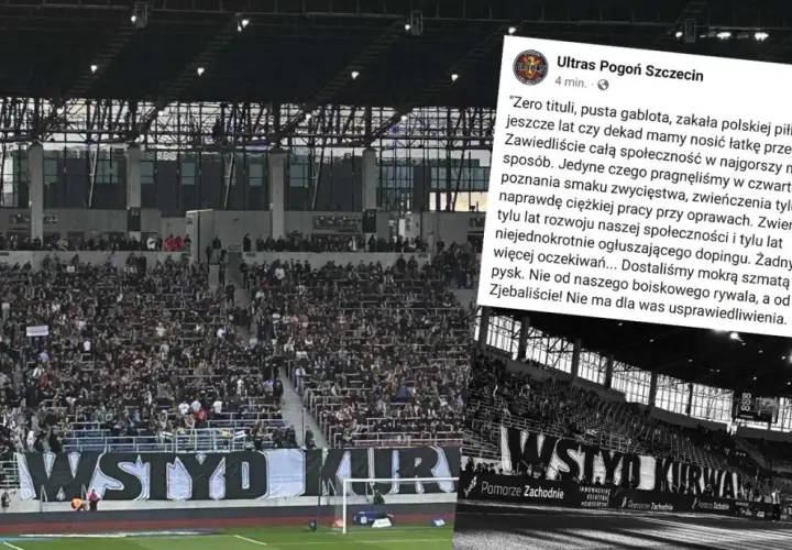 Trybuna kibiców Pogoni Szczecin z transparentem "WSTYD KURWA".