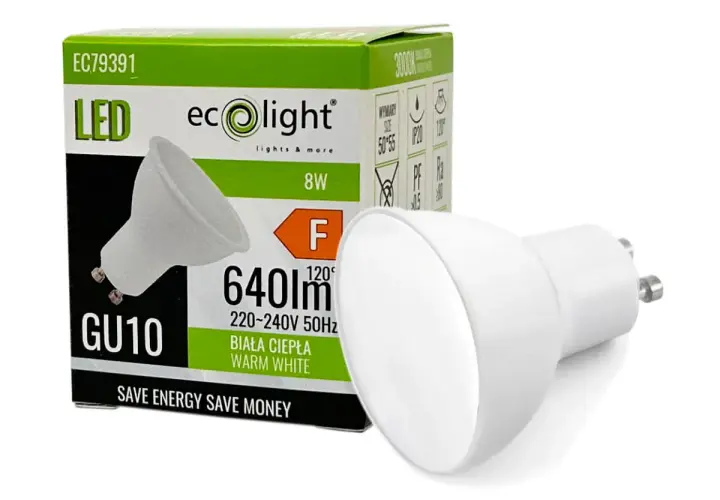 Żarówka LED GU10 8W ecolight, biała ciepła, 640lm. Czy 8W led ile to wat? To energooszczędne rozwiązanie.