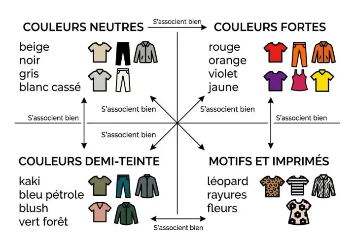 Guide des associations de couleur vêtement : neutres, fortes, demi-teintes et motifs.