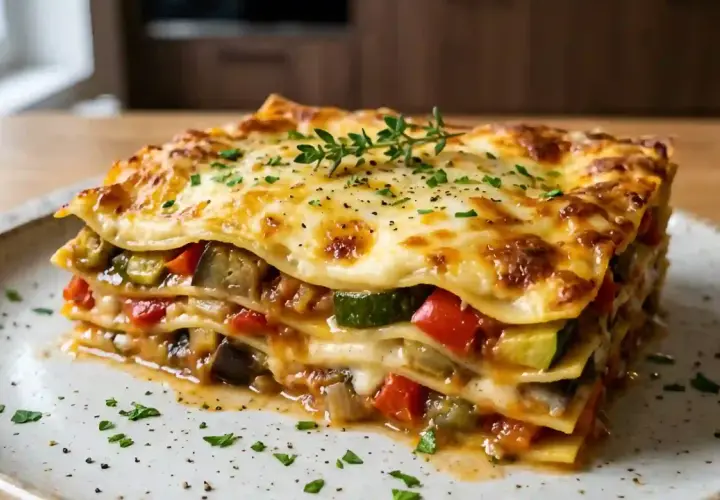 Une généreuse part de lasagne végétarienne, garnie de fromage doré et de légumes colorés, prête à être dégustée.