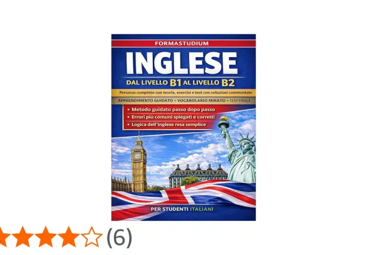 Copertina libro "Inglese B1-B2" per studenti italiani, con icone di Londra e New York. Offre metodo guidato, errori comuni e logica dell'inglese.