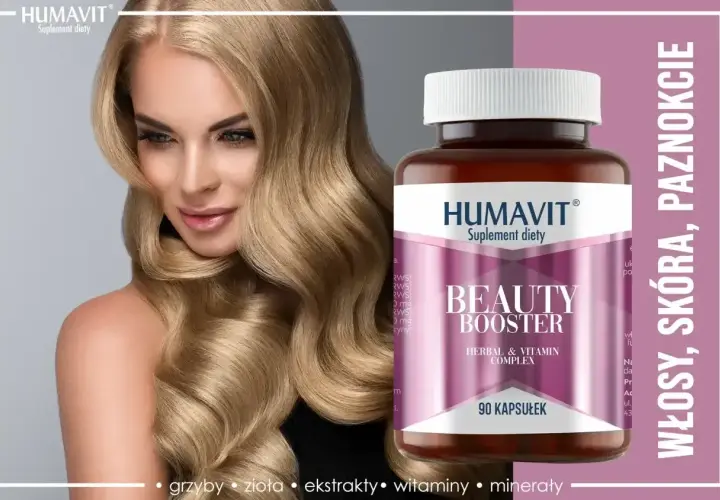 Piękna kobieta z lśniącymi włosami obok suplementu Humavit Beauty Booster. Odkryj, jakie witaminy na włosy pomogą Ci osiągnąć taki efekt.