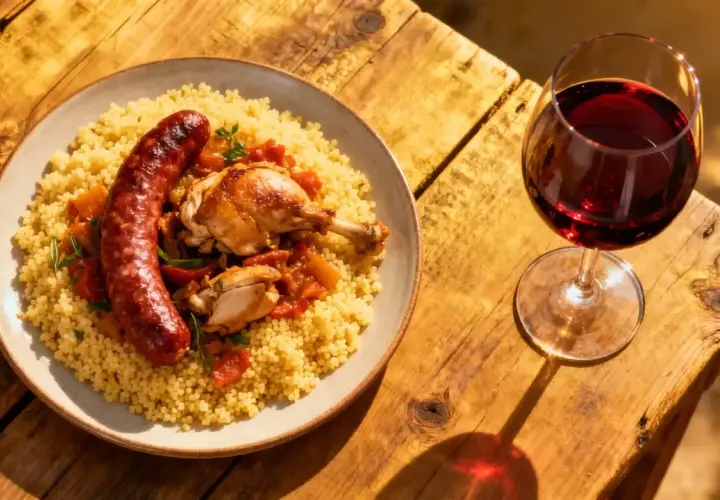 Un verre de vin rouge accompagne un plat de couscous avec poulet et merguez. Parfait pour un repas ensoleillé.