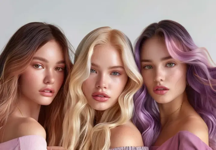 Tre unga kvinnor med fantastiskt hår. En med brunt ombre, en med blont och en med lila och rosa slingor. Allt hår är färgat med only love hårfärg.
