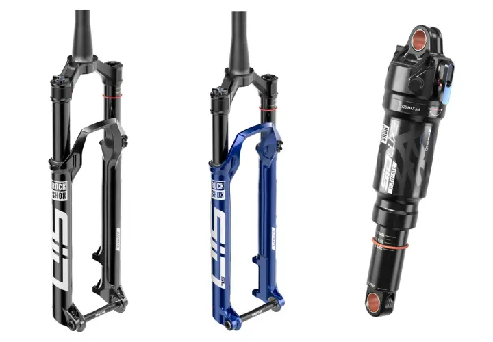 RockShox SID SL Ultimate suspension fork in black and blue, and a matching black rear shock.