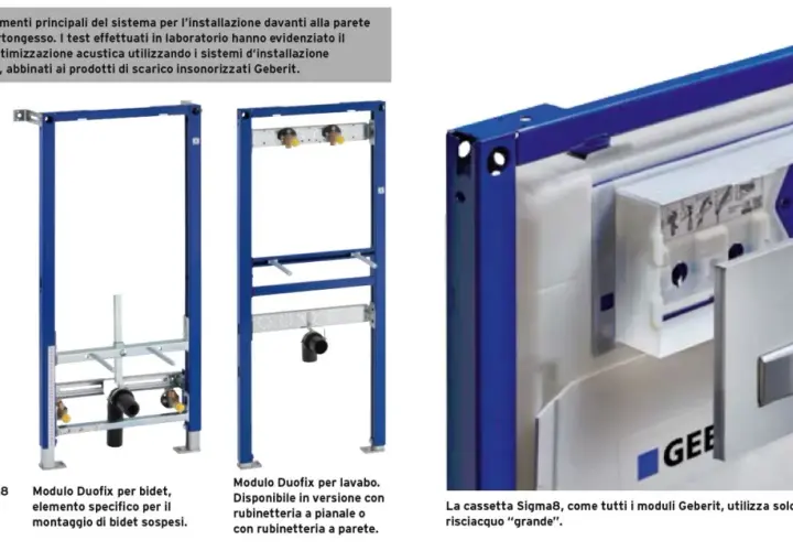 Moduli Geberit Duofix per installazione a parete o in cartongesso. La cassetta Sigma8, con il suo meccanismo di scarico, garantisce un ridotto rumore cassetta wc.