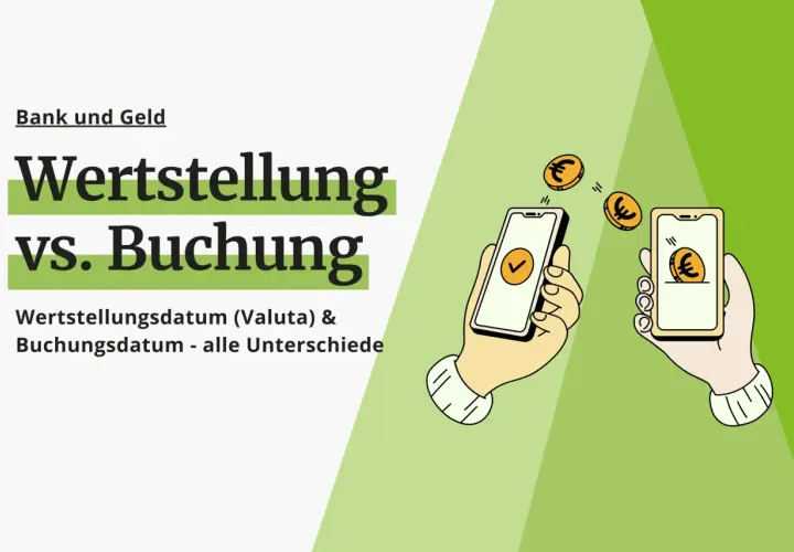 Hände halten Smartphones, Euro-Münzen fliegen. Die Grafik erklärt, was Wertstellungsdatum (Valuta) und Buchungsdatum bedeuten und ihre Unterschiede.